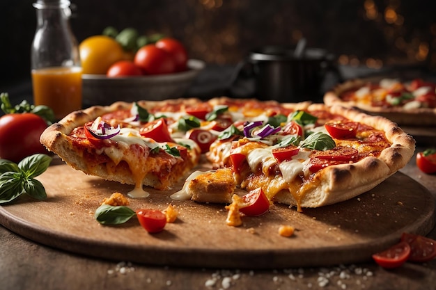 Фото горячей пиццы крупным планом на столе на фоне группы или компании друзей