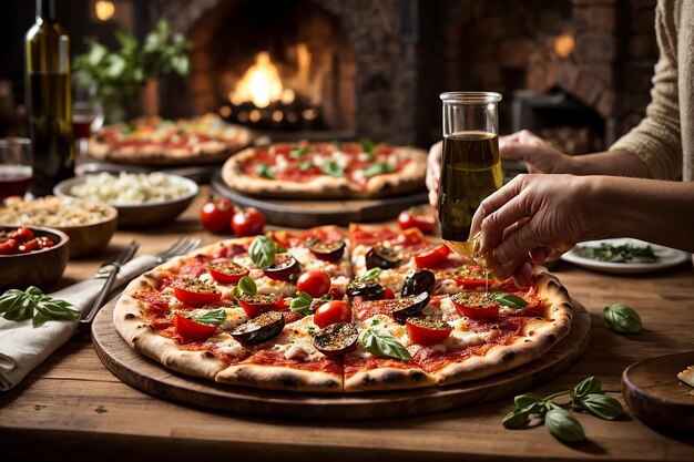 Photo hot pizza closeup on a table in the background of a group or company of people friends