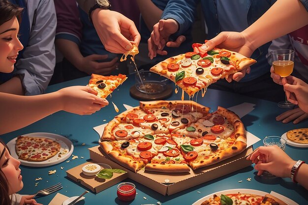 Photo hot pizza closeup on a table in the background of a group or company of people friends