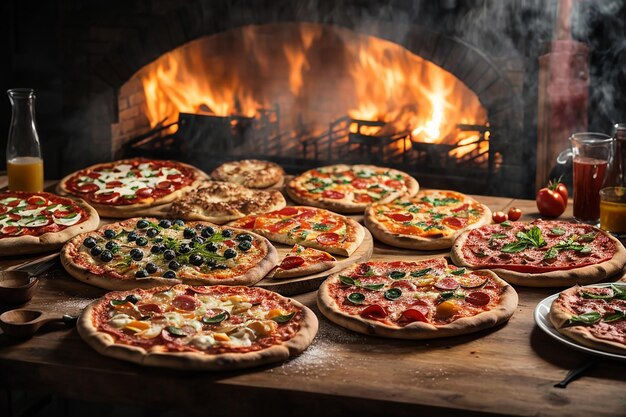 Photo hot pizza closeup on a table in the background of a group or company of people friends