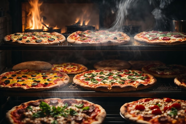 Photo hot pizza closeup on a table in the background of a group or company of people friends