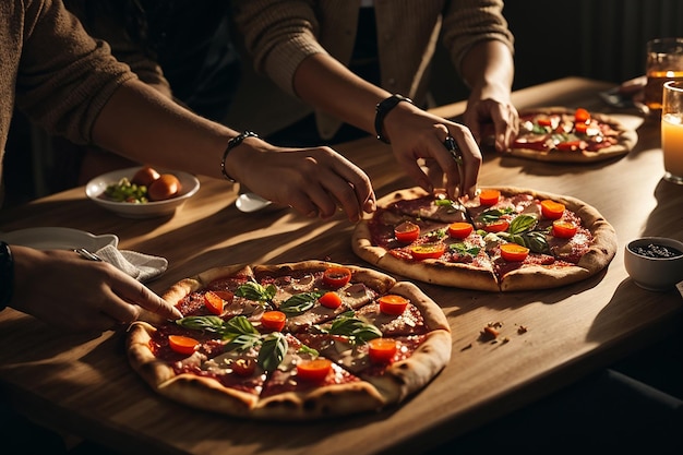 Photo hot pizza closeup on a table in the background of a group or company of people friends