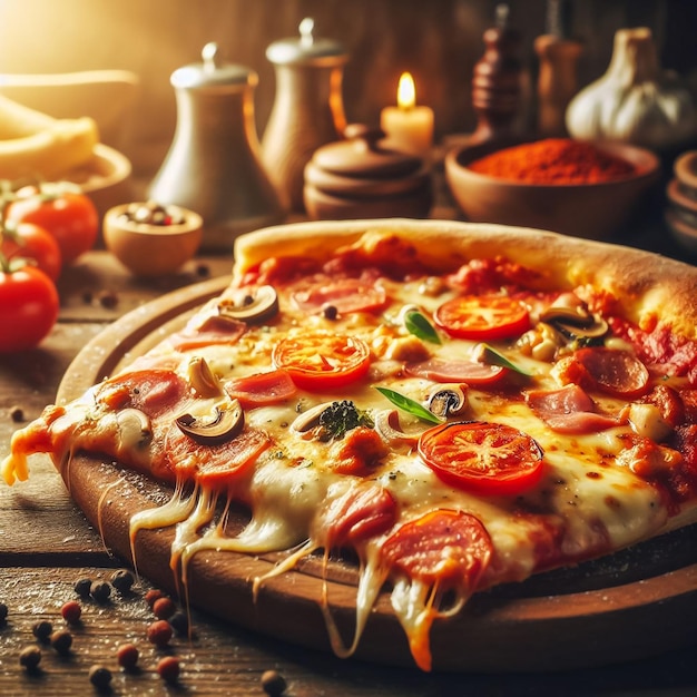 Photo of a hot pizza on wooden background Toned image