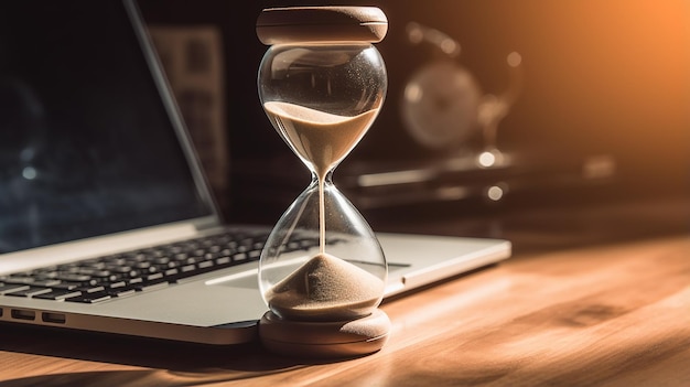 Photo of hourglass sand timer background and sand timer on the table