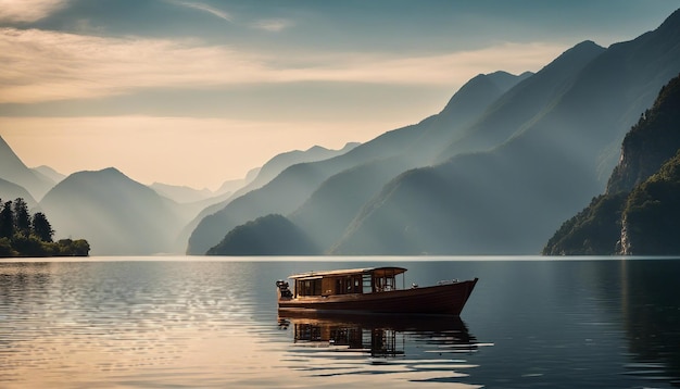 Photo of a house gracefully situated by the side of a pristine lake