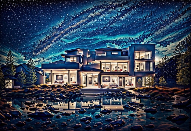 Photo of a house painting with a starry night sky in the background