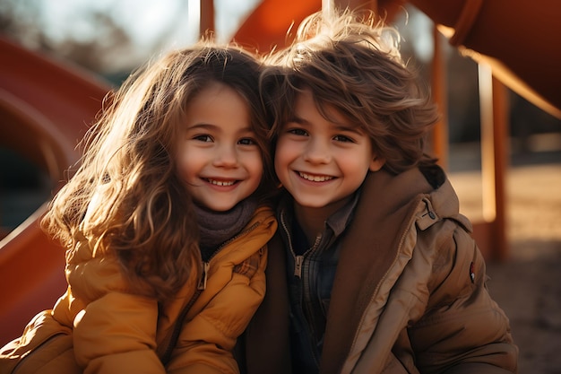 Photo of hugs in the playground children hugging on a playground wiphoto of concept idea scene