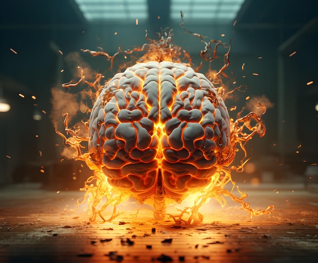 фото человеческий мозг с пламенем Всемирный день психического здоровья концепция генеративного ИИ