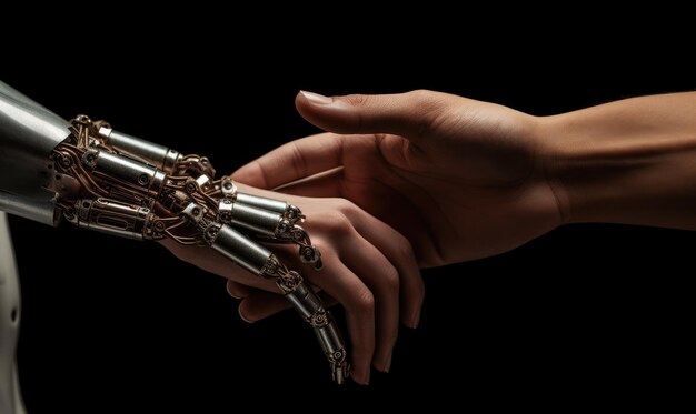 Photo of a human hand connecting with a robotic hand in a symbolic gesture of unity and collaboration