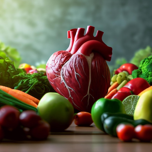 Photo a human heart surround with green veg and vegetable