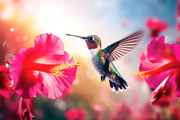 photo of hummingbird flying with flowers