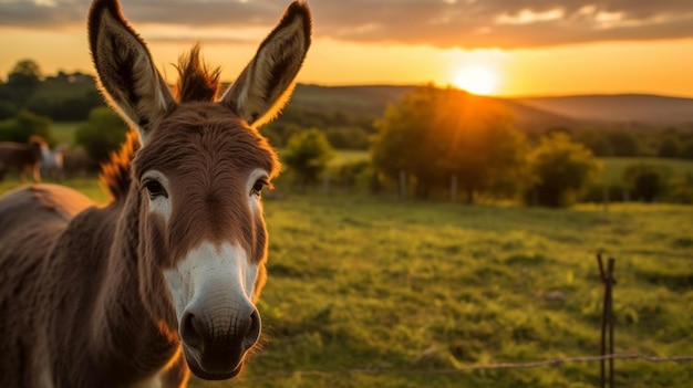 Photo of a humorous donkey taken in Transilvania at dusk GENERATE AI