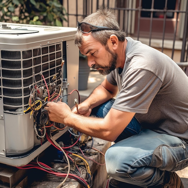 Photo hvac technician working on a capacitor part for condensing unit