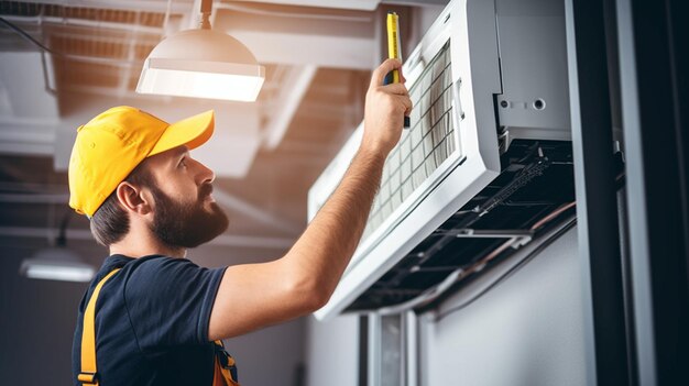 Foto tecnico hvac fotografico che lavora su una parte del condensatore per l'unità di condensazione