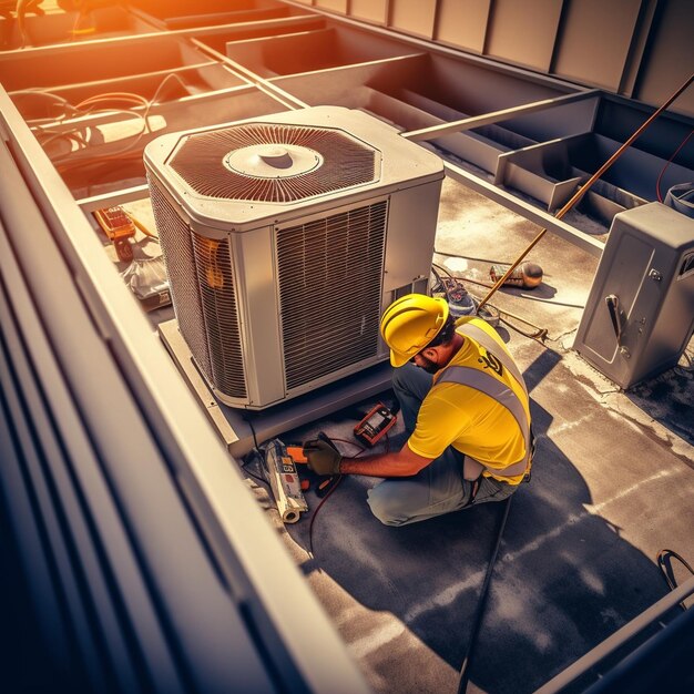 Photo hvac technician working on a capacitor part for condensing unit