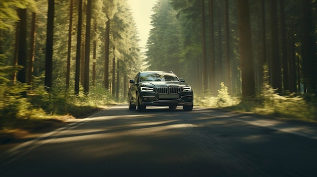 A photo of a hybrid car driving on a tree lined road