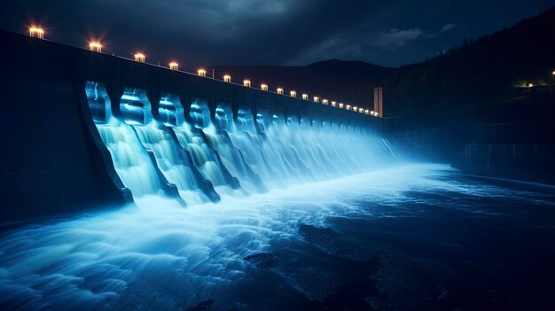 A photo of a hydroelectric dam illuminated by colorful LED lights