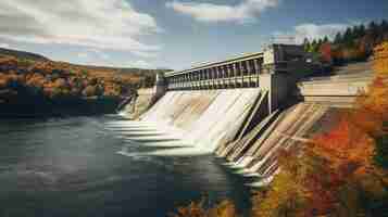 Photo a photo of a hydroelectric dam surrounded by autumn foliage