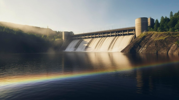 Photo a photo of a hydroelectric dam with a rainbow forming in the mist