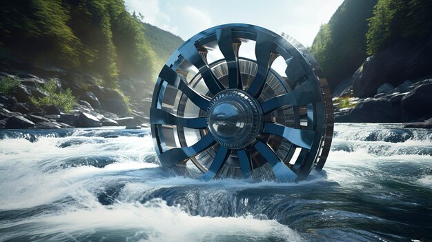 A photo of a hydrokinetic turbine in a flowing river