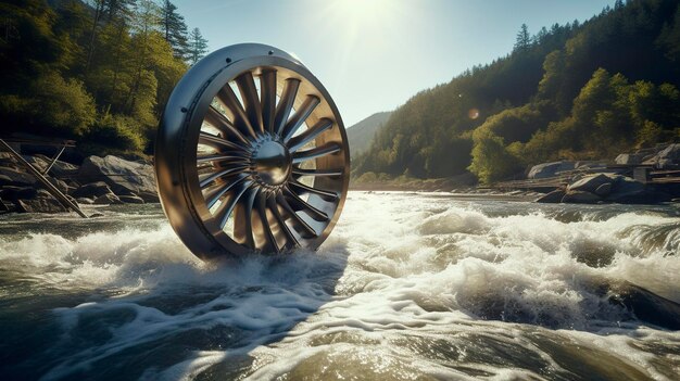 A photo of a hydrokinetic turbine in a flowing river