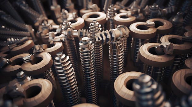 A Photo of hyper detailed nut bolts arranged in a spiral staircase pattern