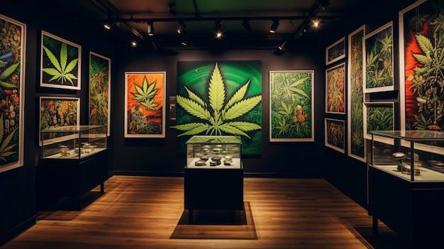 大麻をテーマにしたアートギャラリーまたは展示会の非常に詳細なショットの写真