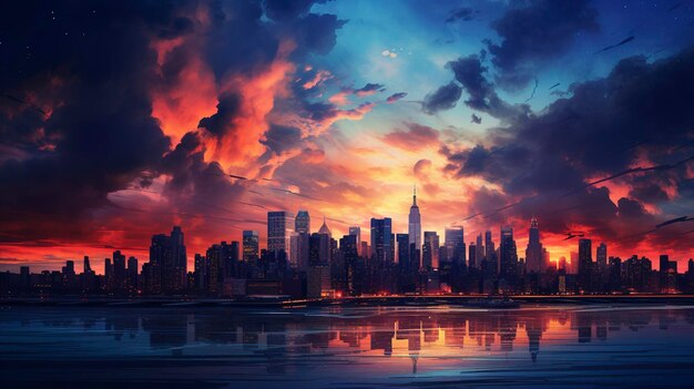 Фотография сверхдетального снимка городского горизонта на фоне красочного закатного неба.