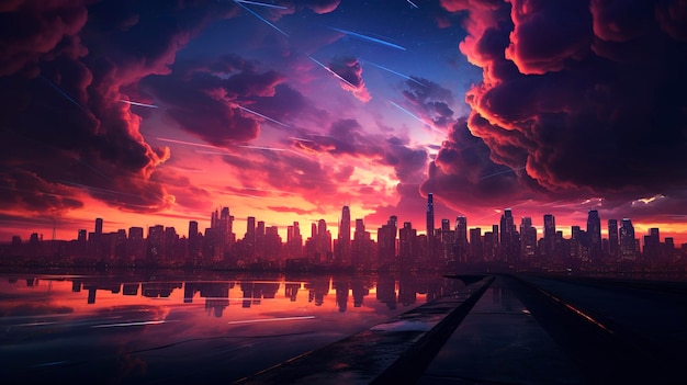 A Photo of a hyper detailed shot of a city skyline with a colorful sunset sky as a backdrop