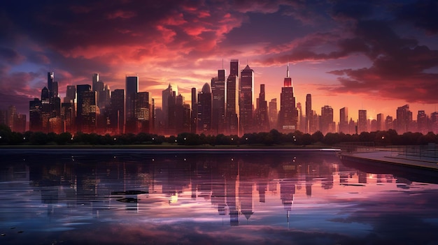 A Photo of a hyper detailed shot of a city skyline with a colorful sunset sky as a backdrop