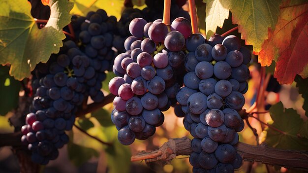 Фотография сверхдетального снимка виноградной лозы со спелым винным виноградом