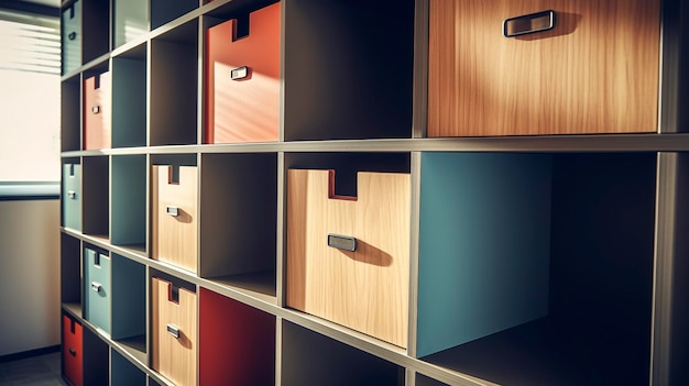 A Photo of a hyper detailed shot of a modular office storage system with open and closed compartme