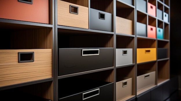 A Photo of a hyper detailed shot of a modular storage cabinet with drawers and sliding doors