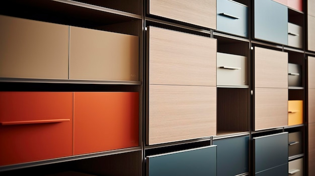 A Photo of a hyper detailed shot of a modular storage cabinet with drawers and sliding doors
