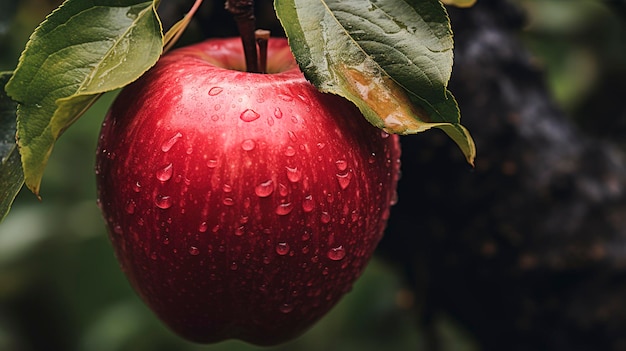 A Photo of a hyper detailed shot of a ripe apple on a tree branch