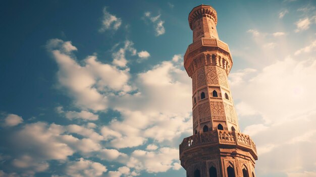 A Photo of a hyper detailed shot of a traditional Islamic minaret rising against the sky