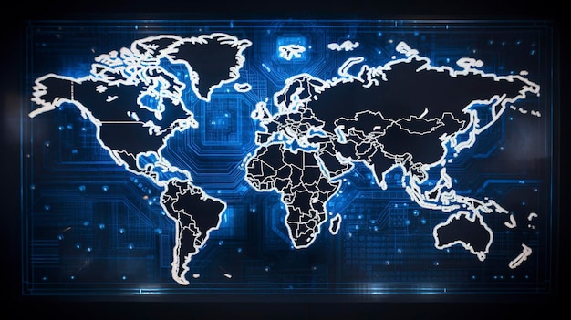 A photo of a hyper detailed shot of a world map on an electronic display or digital screen