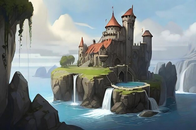 Foto foto di concept art iper-realista di un canyon con un castello medievale su un'isola in mezzo a un lago collegato da un ponte di pietra