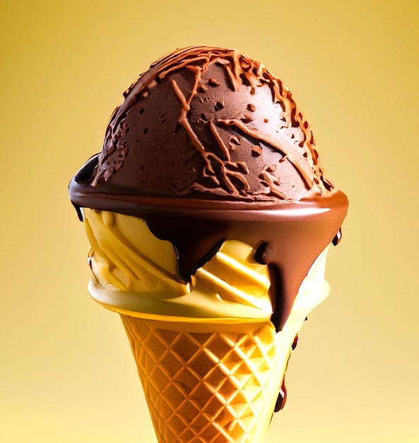 Photo an ice cream cone with melting chocolate and vanilla on yellow background