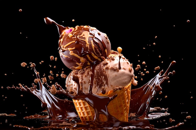 Photo of an ice cream with chocolate splash