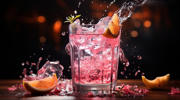 Photo ice falling in a glass with pink drink