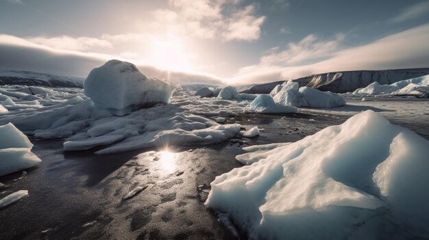 A photo of icebergs with the sun shining on them.