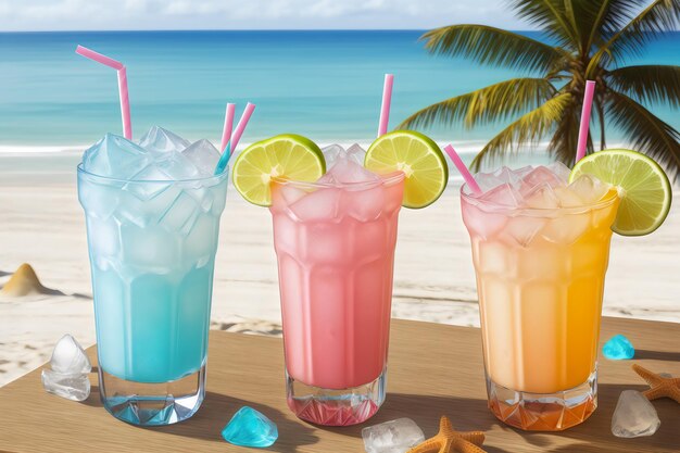 Photo iced cocktails drinking glass with beach and sea