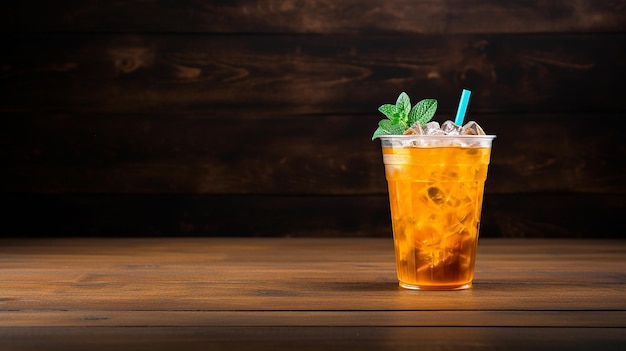 Photo iced thai tea mixed with green tea on wooden