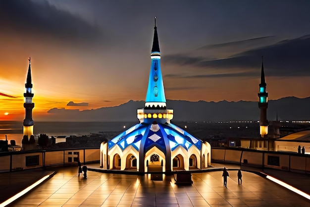 photo illuminated minaret symbolizes spirituality in famous blue mosque