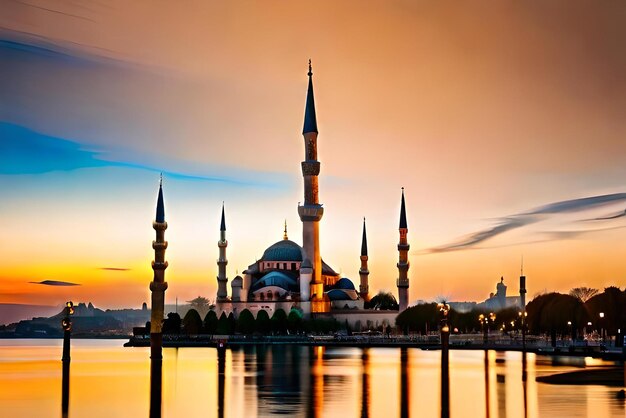 Photo illuminated minaret symbolizes spirituality in famous blue mosque