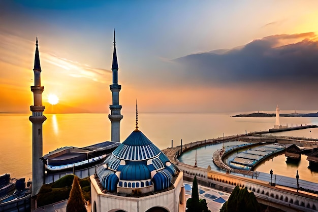 Photo photo illuminated minaret symbolizes spirituality in famous blue mosque