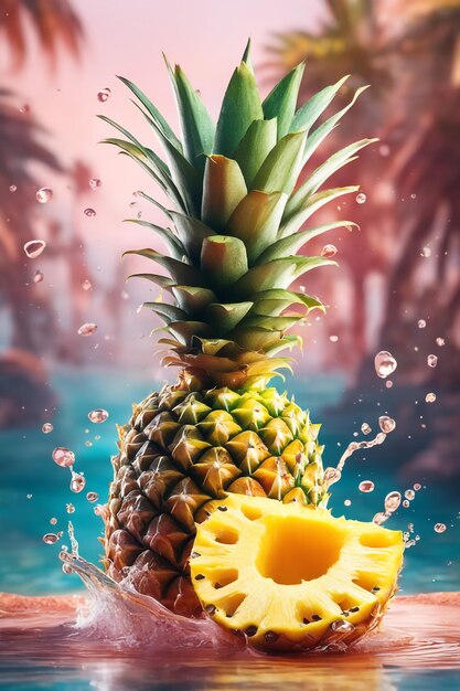 Foto illustrazione fotografica di ananas con spruzzi d'acqua