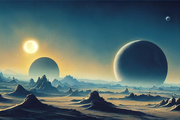 Photo illustration alien planet landscape with giant moon at distance