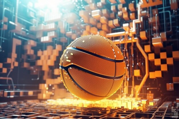 Foto foto illustrazione di un pallone da basket in 3d stile futuristi